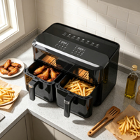 Friteuse à air numérique à double panier avec écran LCD, design carré sans huile, style moderne, pour usage domestique et hôtelier, fonction grill