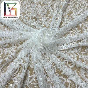 ホワイトビーズ付きシャンティーフランスレース生地 エレガントなまつげブライダルレース スパンコールチュール刺繍レース生地 結婚式用 - Product Image 6