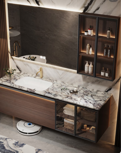 French Modern Style Eco-Friendly <strong>Wood</strong> <strong>Bathroom</strong> <strong>Cabinet</strong> with Custom Ceramic Sink Smart Mirror Vanity for Small Apartment - Product Image 3