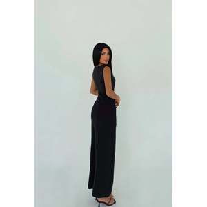 Vestido midi negro con botones y aberturas, largo hasta el suelo, de spandex, liso, a la moda, para uso diario, fiestas, primavera y otoño, talla XL, con forro. - Product Image 1