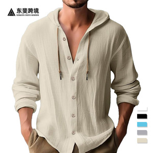 Camisa de Lino y Algodón con Capucha para Hombre Dongfei, Manga Larga, Color Sólido, Corte Holgado, Transpirable, Informal, para Playa - Product Image 1