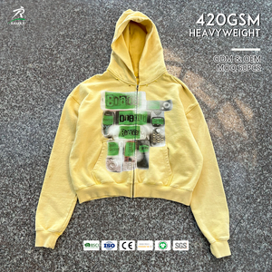 Sweat à capuche zippé court RANAX jaune 420GSM, imprimé, unisexe, coupe oversize, streetwear décontracté - Product Image 1