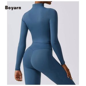 Boyarn femmes Yoga manteau vêtements d'entraînement col montant fermeture éclair manches veste de sport tenue de Sport Jogging haut de gymnastique logo personnalisé - Product Image 5