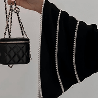 LEDUO Cardigan élégant à manches évasées orné de perles, ouvert sur le devant, style Dubaï, Kaftan islamique musulman, Abaya en mousseline noire