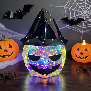 Lanterne citrouille d'Halloween irisée, décor LED Jack-o'-lantern, chapeau de sorcier citrouille holographique prismatique pour accessoire de fête en extérieur - Product Image 1
