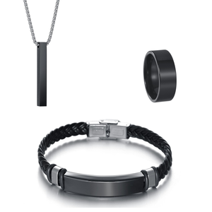 SongFu Engrave Logo Simple Conjunto de joyería para hombre 3 piezas Conjunto Collar Pulsera Anillo Acero inoxidable Negro Pu Pulsera de cuero - Product Image 6