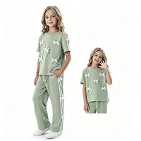 Ensemble décontracté 2 pièces pour filles : T-shirt à manches courtes en polyester et coton avec nœud 3D mignon + pantalon large, survêtement doux pour enfants, logo personnalisé