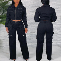 Ensemble deux pièces pour femmes Huili Manufacturer Oem Custom Vintage Acid Washed Denim Crop Top Cargo Jacket & Jeans Pants Multi Pockets