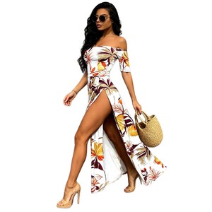 Robe longue décontractée d'été pour femme à imprimé tropical, épaules dénudées, taille haute, motif floral S M L XL XXL - Product Image 5