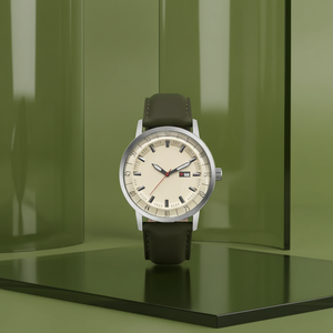 Montre chronographe pour homme en cuir vert avec mouvement à quartz, résistance à l'eau 10m, cadran en verre, boîtier argenté, bracelet <span class=keywords><strong>beige</strong></span> 22mm - Product Image 2