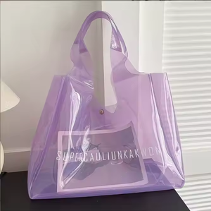 กระเป๋าโท้ท PVC เลเซอร์ขนาดใหญ่กันน้ำสีชมพูสีนีออนพร้อมปุ่มด้านนอกกระเป๋าช้อปปิ้งสำหรับผู้หญิง - Product Image 3