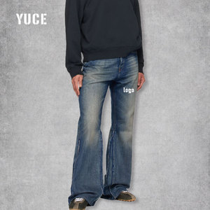 Nhà Máy Tùy Chỉnh Chắp Vá Bông Twill Denim Bùng Quần Bootcut Nguyên Cạnh Xếp Chồng Lên Nhau Skate Jeans Người Đàn Ông Flare Jeans Người Đàn Ông - Product Image 3