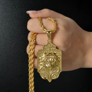 <b>Crown</b> Lion <b>King</b> Shield Charm Luxury Custom Engravable 316L Stainless Steel 18K Gold Plated Thick Twist Rope Mens Pendant - Product Image 5