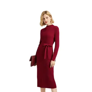 Knitted Long Dress Cashmere Sweater Dress for Women Casual Dresses Simple Midi Loose Custom Autumn Spring Rib 100% Wool Natural