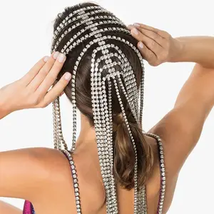 Diadema con diamantes de imitación y cadena para el pelo para mujer, accesorios para el cabello con borlas largas de cristal para novia