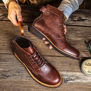 Botas de Hombre de Cuero Genuino Marrón con Cordones, Punta Redonda, Suela de Goma, Zapatos para Caminar de Otoño - Product Image 5