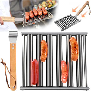 Hot Dog <b>Roller</b> Stainless Steel Sausage <b>Roller</b> Rack with Extra Long Wood Handle, BBQ Hot Dog Griller for Evenly Cooked - Product Image 1