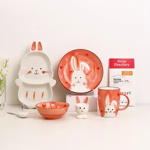 Conejo creativo niños lindo Animal estampado vajilla niños cerámica porcelana cena tazón dividido plato y cuchara conjuntos