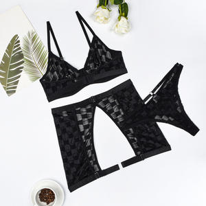 Conjunto de Lencería Sensual de <span class=keywords><strong>3</strong></span> Piezas para Mujer, Ropa Interior Sexy de Malla Transparente, Sujetador a Cuadros Negros con Liga - Product Image 6