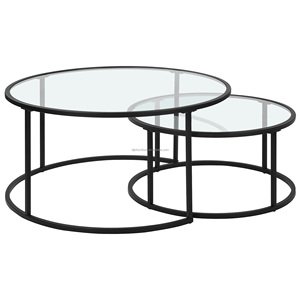 <span class=keywords><strong>Table</strong></span> d'appoint <span class=keywords><strong>ronde</strong></span> facile à assembler en métal <span class=keywords><strong>noir</strong></span> en verre trempé transparent Nid latéral Ensemble de 2 tables basses gigognes - Product Image 3