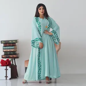 Fashion Chiffon Floral Embroidered Abaya Hijab Dress for Women Pink V Neck Long Sleeve Loose Arabic Muslim Dubai Moroccan Kaftan