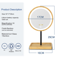 Miroir de maquillage LED en bambou écologique avec base de rangement dissimulée, rechargeable par Type-C, miroir de vanité rond pour les voyages et les dortoirs