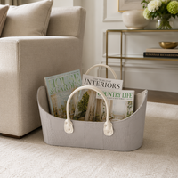 Panier de rangement minimaliste en cuir gris clair durable avec double poignée, multi-usages, texture croco gaufrée pour entrée et chambre