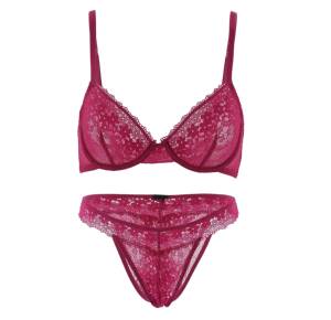 Ensemble de lingerie rouge baie personnalisé en dentelle, soutien-gorge transparent à armatures et string, 2 pièces, vêtements de nuit pour femmes, fabricant OEM - Product Image 1