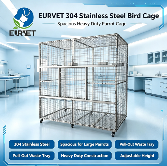 EUR VET Durable Stainless Steel Bird Cage Spacious for Large Parrots Rust Resistant Heavy Duty Indoor Outdoor Use