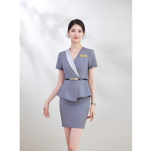 Women's Grey Professional Suit <b>Set</b> Short Sleeve Breathable <b>Office</b> Lady Uniform For Beauty Salon Jewelry Store Hotel Reception - Product Image 1