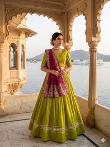 Lehenga Choli Tradicional Verde Lima para Mujer con Conjunto de Dupatta Magenta Profusamente Bordado para Bodas y Festivales Indios - Product Image 2