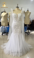Robe de mariée sirène moderne ZB5839 avec décolleté plongeant, dos nu, cape transparente, bretelles, broderies florales, dentelle florale 3D et tulle, traîne chapelle