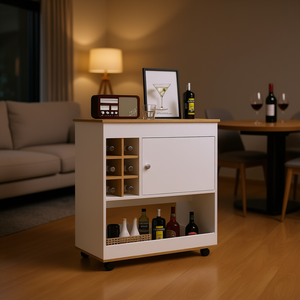 Carrito de Bar de Roble Claro con Seis Compartimentos para Botellas, un Gabinete y Cuatro Ruedas, Portátil para Eventos - Product Image 2