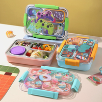 Boîte à lunch en acier inoxydable scellée indépendamment, motif dessin animé UV (4 compartiments, 900 ml + bol en PP de 150 ml avec fourchette et cuillère en PP)