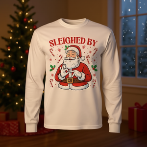 Maglietta a maniche lunghe con stampa digitale 'Sleighed By Santa Christmas Meme' per adulti, unisex, girocollo, promozionale - Product Image 2