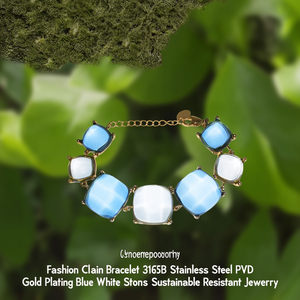 Fashion Chain <b>Bracelet</b> 316L Stainless Steel PVD Gold Plating Blue <b>White</b> Stones Sustainable Resistant Jewelry - Product Image 3