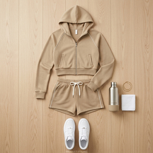 Ensemble de survêtement 2 pièces kaki tendance 2026 pour femme : sweat à capuche court zippé et short avec passepoil contrastant – Tenue athleisure de luxe - Product Image 2