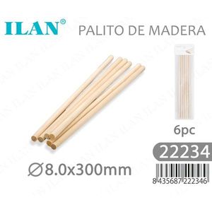 Bastoncini di legno ILAN 8.0x300mm, confezione da 6 pezzi per artigianato e fai da te - Product Image 1