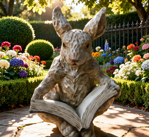 Décoration de jardin personnalisée faite à la main en Fiberstone, statues d'animaux en forme de lapin tenant un livre - Product Image 1