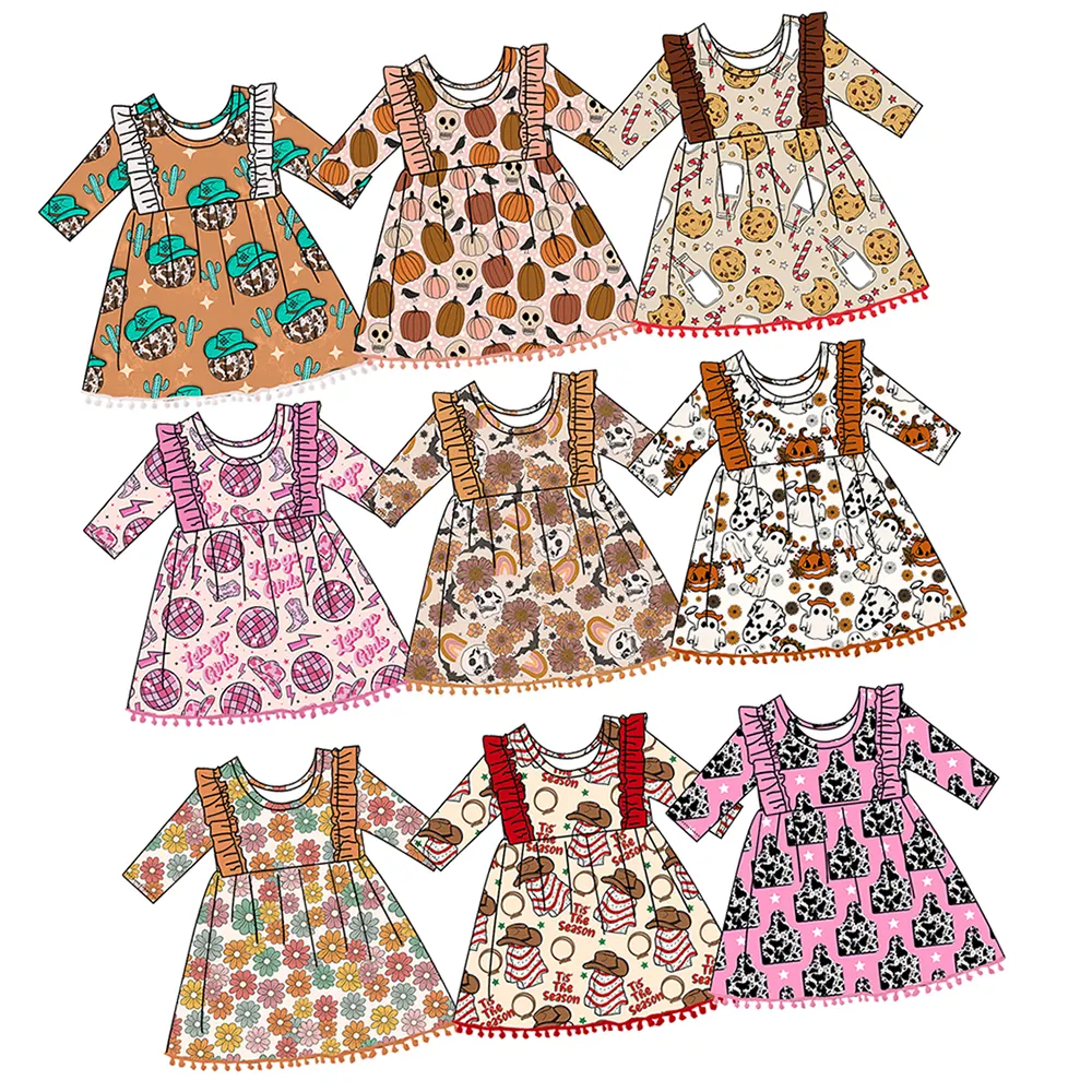 Factory Made Milk Silk Fabric Custom Print Long Sleeve Solid Ruffle Toddler Girl Pearl Dresses Fall Winter Kids Twirl Dress