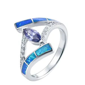 Wholesale Fashion Factory Price Stock Blue Opal 925 Sterling Silver Ring Marquise Tanzanite Cz Stone Ring