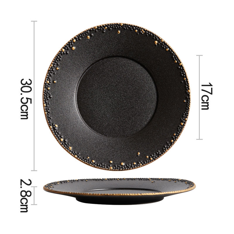 12นิ้วตื้นเคลือบสีดำทอง