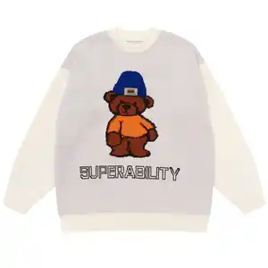 Customized OEM&ODM Fashion Casual Oversized Long Sleeve Crew Neck Jacquard Knit Alphabet Bear Pattern Men's Sweater