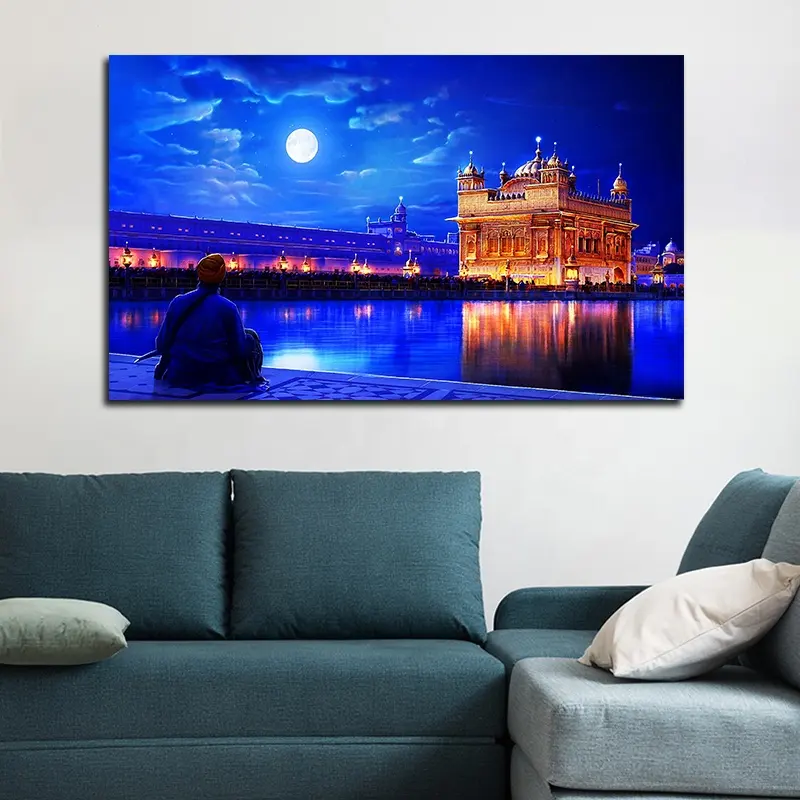 Home Living Room Wall Decor Blue Religious Golden Palace canvas led light print art picture painting