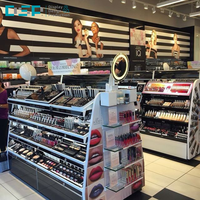 Comptoir de présentation cosmétique en bois multi-niveaux, finition laquée brillante, fabriqué en usine au Vietnam, idéal pour les boutiques de maquillage.