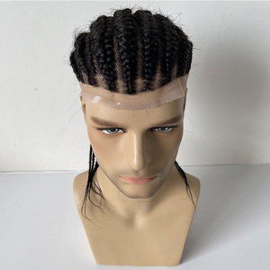 American Braids 14 pulgadas 1B Afro Toupee Sistema <span class=keywords><strong>de</strong></span> reemplazo Cutícula <span class=keywords><strong>de</strong></span> cabello humano alineado trenzado hecho a mano Unidad <span class=keywords><strong>de</strong></span> encaje completo para hombres - Product Image 2