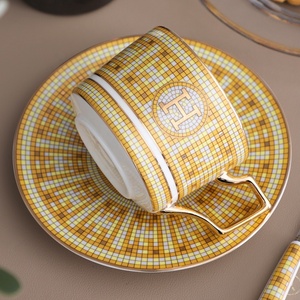 Custom logo Ceramic Arabic <strong>Tea</strong> Cups Saucer Porcelain <strong>Vintage</strong> Golden Coffee Cup with Dish <strong>Spoons</strong>