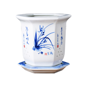 Pot de fleur hexagonal en porcelaine bleu et blanc peint à la main chinois avec plateau pot de fleur extérieur fleur en céramique de table <span class=keywords><strong>po</strong></span> - Product Image 1