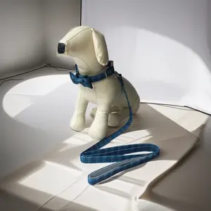 애완 동물 개 리드 칼라 하네스 가죽 끈 세트 애완 동물 방법 가죽 끈 개인화 된 격자 무늬 개 리드 및 리본과 칼라 - Product Image 1