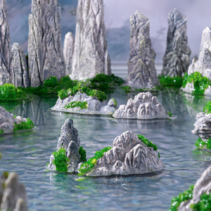 Figurine micro-landscape créative et mignonne, décoration de montagne artificielle en résine, radeau en bambou, paysage artisanal pour bureau - Product Image 4